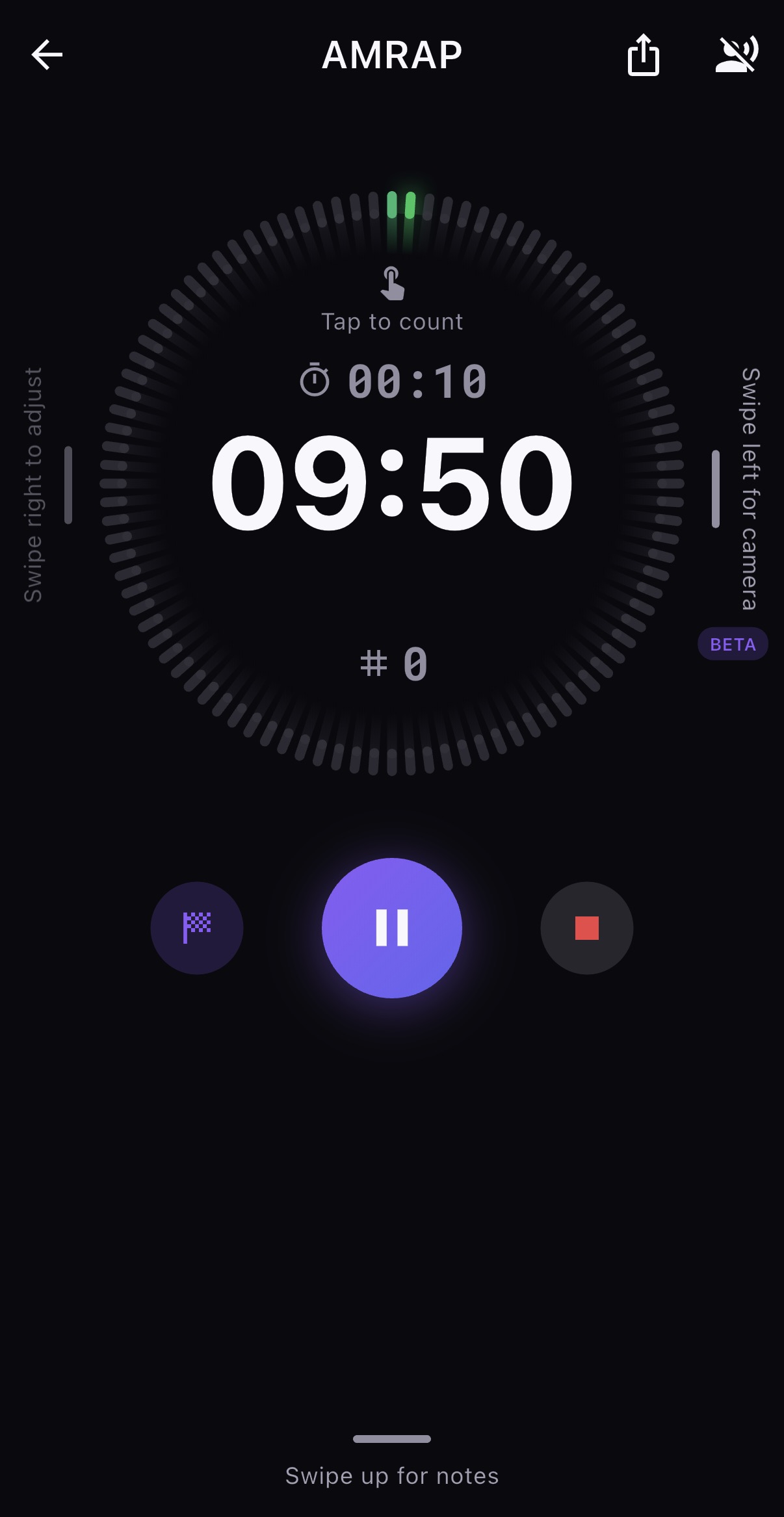 AI WOD Timer AMRAP screen running with 9 minutes and 50 seconds remaining