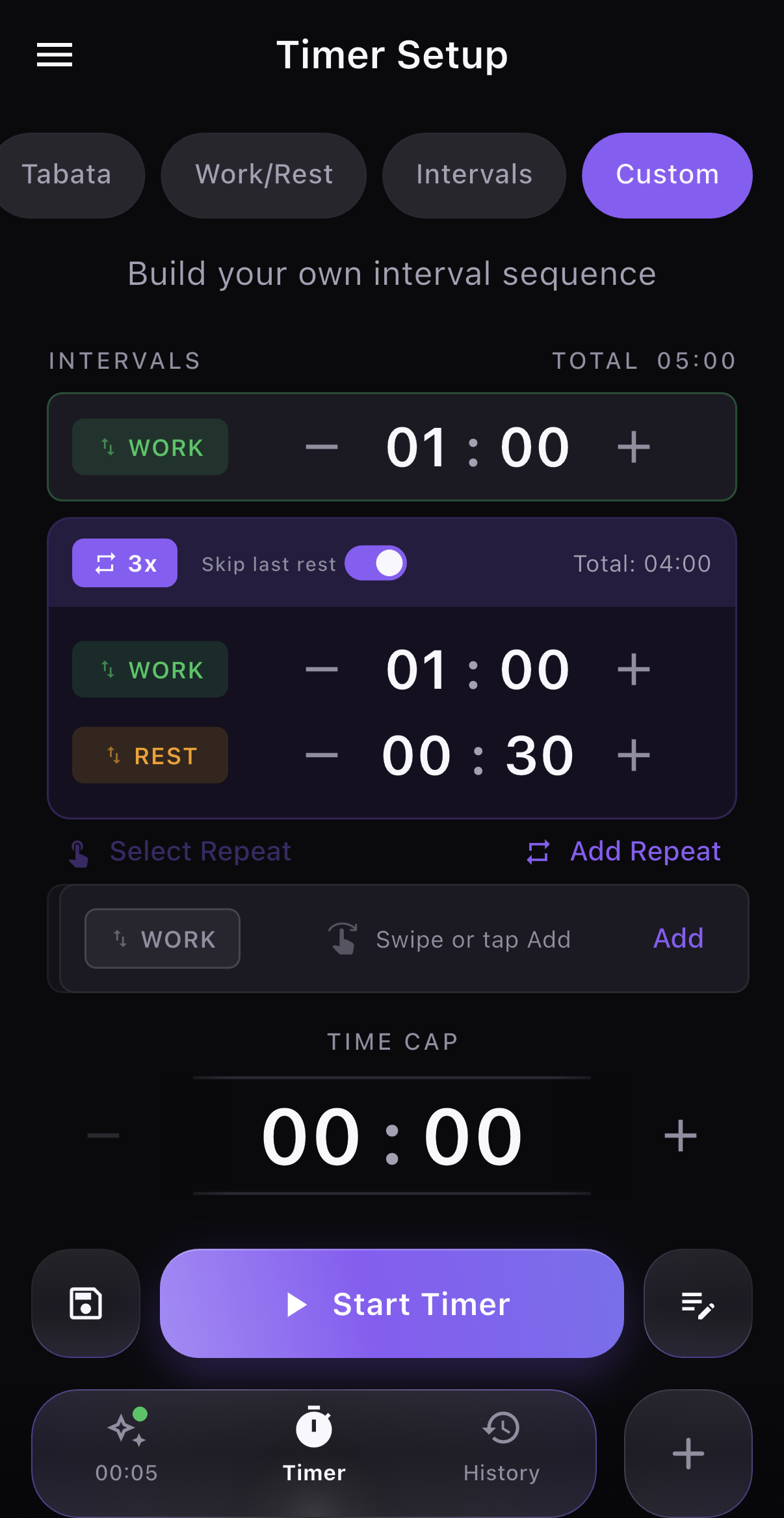 AI WOD Timer custom interval setup with work and rest repeats