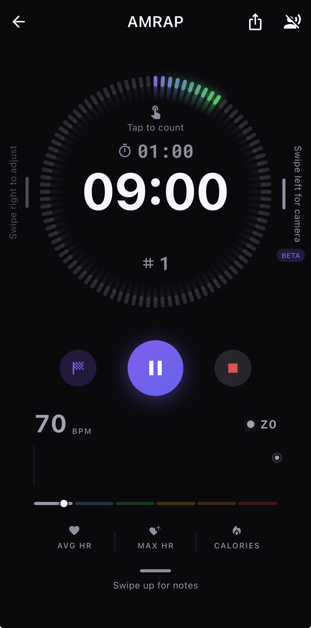 AMRAP timer with live heart rate, training zone, and workout controls